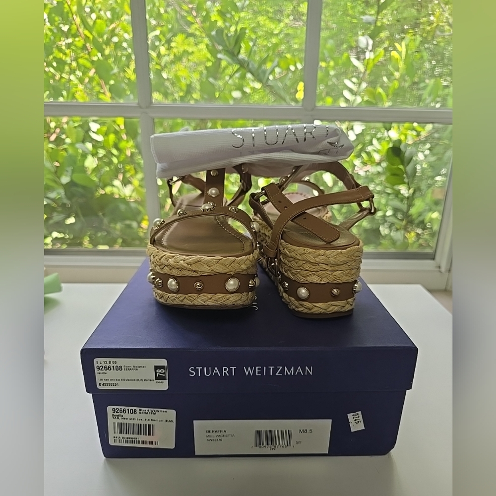 Stuart Weitzman Size 8 Beraffia Miel Vachetta Tan Leather And Pearls
